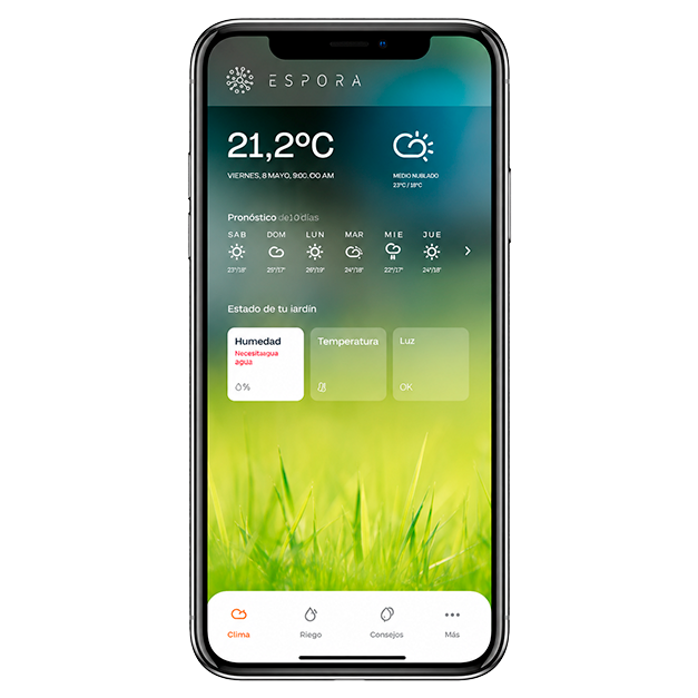 App móvil de control para sistemas de riego inteligente en jardines urbanos.