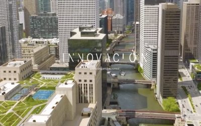 Proyecto de urbanismo ecológico integrando espacios verdes en un entorno urbano de alta densidad.